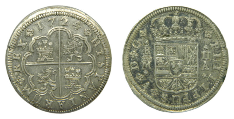 Felipe V (1700-1746) 1724 A. Madrid. 2 reales (AC 778) Ar 5,71 gr. Muy bonita. ...