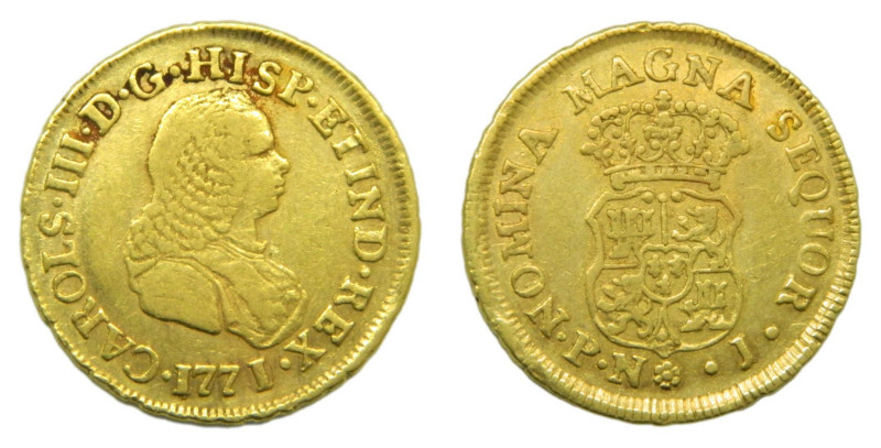 Carlos III (1759-1788) 1771/0 J. Popayán. 2 Escudos. (AC 1625) Au 6,67 gr.

St...