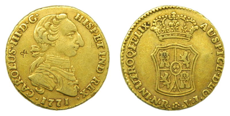 Carlos III (1759-1788) 1771 VJ. Santa fe de Nuevo Reino. 2 Escudos. Cara de rata...