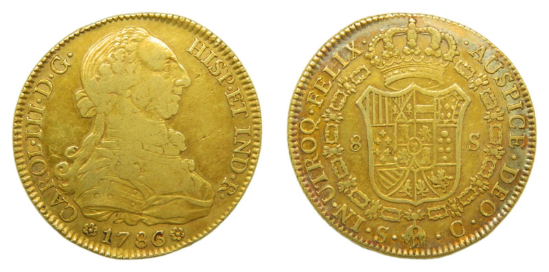 Carlos III (1759-1788) 1786 C. Sevilla. 8 Escudos. (AC 2191) Au 26,84 gr. Leves ...