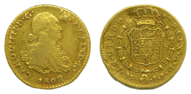 Carlos IV (1788-1808) 1802 JI. (invertidas) Lima. 1 escudo (AC1097) Au 3,41 gr. ...