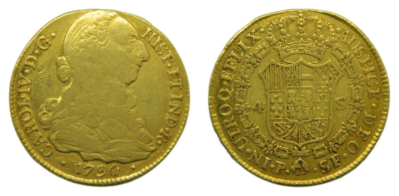 Carlos IV (1788-1808) 1790 SF. Popayán. 4 escudos (AC 1510) Au 12,76 gr. Busto d...