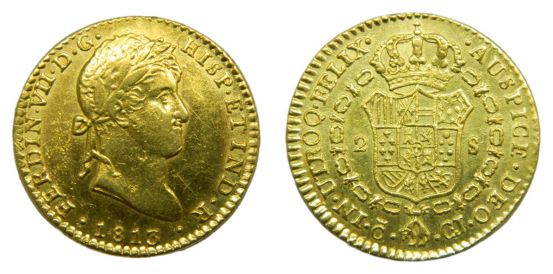 Fernando VII (1808-1833) 1813 CJ. Cádiz. 2 escudos. (AC1583) Au 6,66 gr. 

Sta...