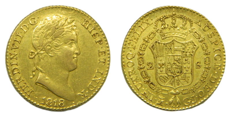 Fernando VII (1808-1833) 1818 GJ. Madrid. 2 escudos. (AC1623) Au 6,77 gr.

Sta...