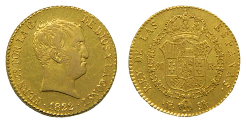 Fernando VII (1808-1833) 1822 SR. Madrid. 80 reales (AC1641) Au 6,75 gr. Tipo ca...