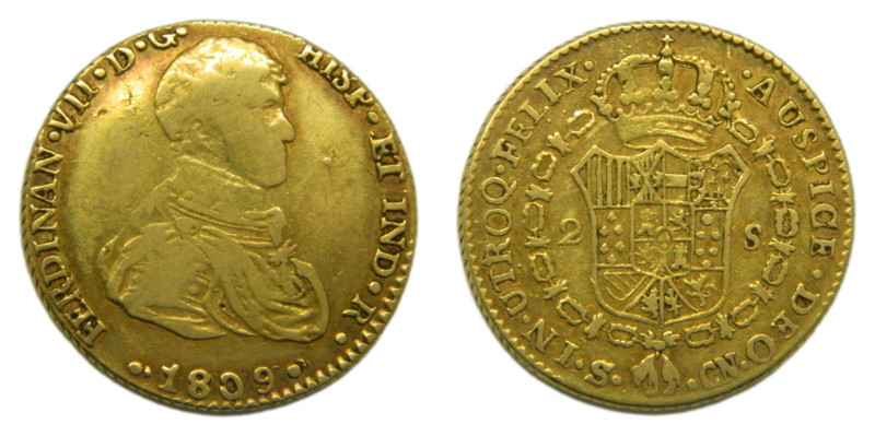 Fernando VII (1808-1833) 1809 CN. Sevilla. 2 escudos. (AC1667) Au 6,7 gr. Primer...