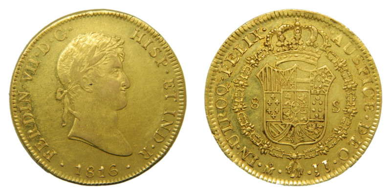 Fernando VII (1808-1833) 1816 JJ. México. 8 escudos. (AC1794) Au 27,07 gr. Busto...