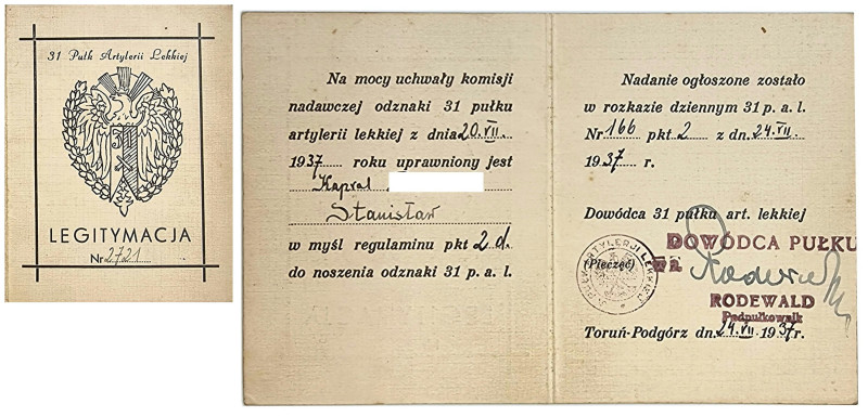 Decorations, Orders, Badges
Second Polish Republic Badge card of the 31st Light...