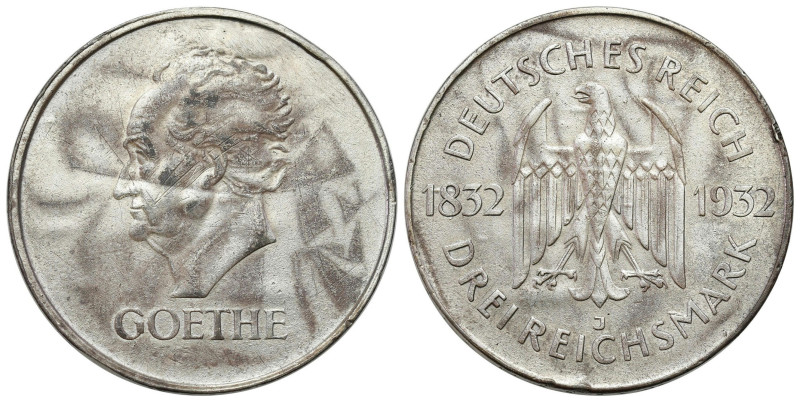 Germany
Germany, Weimar. 3 mark 1932 J, Goethe 

Wybite na 100 rocznicę śmier...