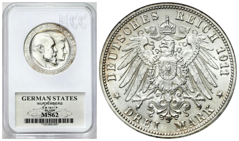 Germany
Germany, Wrttemberg. 3 mark 1911 F, Stuttgart 

Wybite na 25 rocznicę...