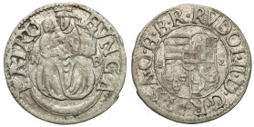 Hungary
Hungary. Rudolf II denarius 1582 N-B, Nagybnya RARE 
AW: Zakrzywiony, spiczasty - również zaokrąglony u góry - poczwórny herb Węgier: Węgier...