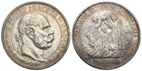 Hungary
Hungary. Franz Josef I I. 5 crowns 1907 KB, Kremnitz / Kremnica 

40-lecie koronacji Franciszka Józefa I.Przetarte najwyższe partie reliefu...