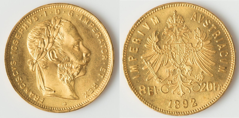 Franz Joseph I gold Restrike 8 Florins (20 Francs) 1892 UNC, Vienna mint, KM2269...