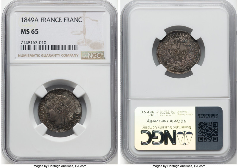 Republic Franc 1849-A MS65 NGC, Paris mint, KM759.1, Gad-457, F-2111. Mottled to...