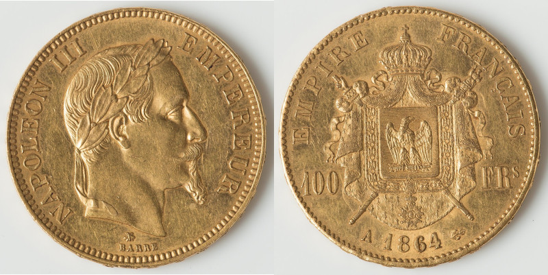 Napoleon III gold 100 Francs 1864-A XF, Paris mint, KM802.1, Gad-1136. 34.8mm. 3...