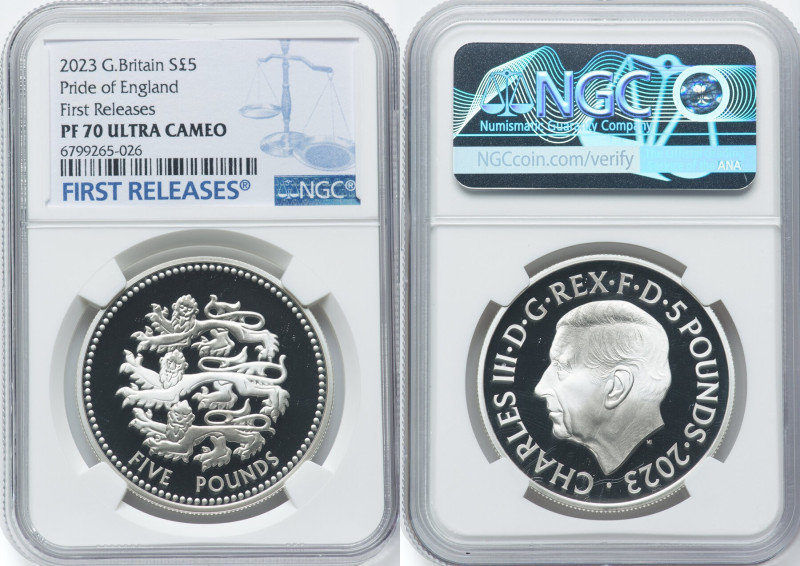 Charles III silver Proof "Pride of England" 5 Pounds 2023 PR70 Ultra Cameo NGC, ...