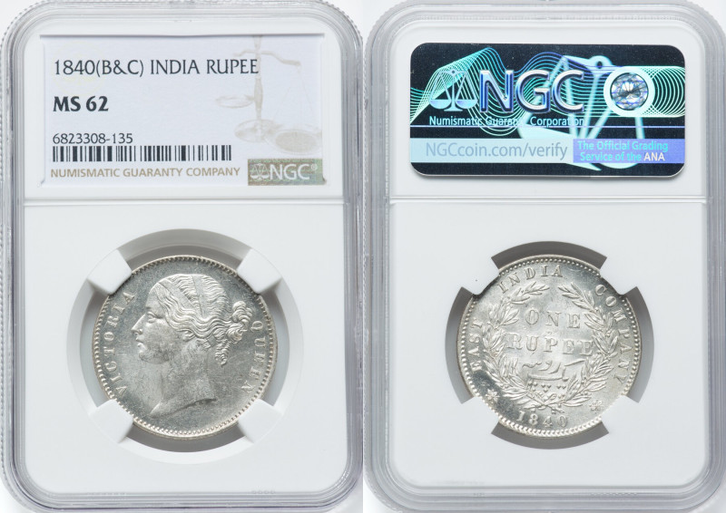 British India. Victoria Rupee 1840-(b & c) MS62 NGC, Calcutta mint, KM458.2. HID...