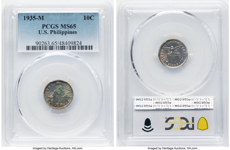 USA Administration 10 Centavos 1935-M MS65 PCGS, Manila mint, KM169. A bright ar...