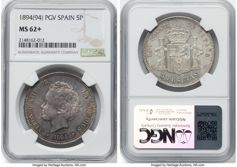 Alfonso XIII 5 Pesetas 1894(94) PG-V MS62+ NGC, Madrid mint, KM700, Cal-23. Peac...