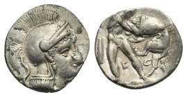 CALABRIA. Tarentum. Circa 325-280 BC. Diobol (Silver, 12.66 mm, 1.06 g). Head of Athena to right, wearing crested Attic helmet; in right field, Λ. Rev...