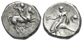 CALABRIA, Tarentum. Aristokles and Di- magistrates, circa 272-240 BC (Silver, 18.71 mm, 6,66 g). Warrior holding a lance in his right hand and with a ...