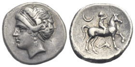 CALABRIA, Tarentum. Campano-Tarentine series. Circa 281-272 BC. Nomos (Silver. 21.90 mm, 7.17 g). Diademed head of nymph left. Rev. Nude youth on hors...