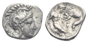 LUCANIA. Herakleia. Circa 432-420 BC. Diobol (Silver, 12.23 mm, 1.29 g) Head of Athena right, wearing crested Attic helmet decorated with hippocamp. R...