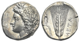 LUCANIA. Metapontion. Circa 330-290 BC. Stater (Silver, 19.95 mm, 7.91 g). Wreathed head of Demeter left, wearing triple-pendant earring and necklace ...