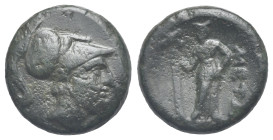 LUCANIA. Metapontion. Circa 300-250 BC (Bronze, 16.01 mm, 3.89 g). Head of Leukippos right, wearing crested Corinthian helmet. Rev. META, Demeter stan...