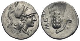 LUCANIA. Metapontion. Hannibalic occupation, circa 215-207 BC. Half Shekel (Silver, 17.51 mm, 3.94 g). Head of Athena right, wearing crested Corinthia...