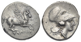 BRUTTIUM. Lokroi Epizephyrioi. Circa 350-275 BC. Stater (Silver, 21.88 mm, 8.68 g). Pegasos flying to right; ΛOK below. Rev. Head of Athena to right, ...