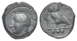 SICILY. Kamarina, Tetras, c. 420-405 BC. (Bronze, 144.29 mm, 3.35 g). Head of Athena to left, wearing crested Attic helmet. Rev. Owl standing to left,...