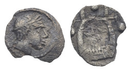 SICILY. Katane. Circa 415/3-403/2 BC. Tetras or Trionkion (Silver, 8.06 mm, 0.13 g). Laureate head of Apollo right. Rev. Kithara; three pellets (mark ...