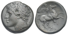 SICILY. Syracuse. Bronze c. 275-216 ( Bronze, 25.00 mm., 17.23 g. ). Diademed head left; in right field, thunderbolt. Rev. Helmeted cavalryman riding ...