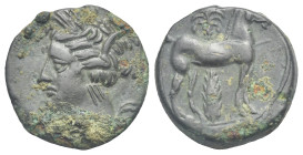 THE CARTHAGINIANS IN SICILY AND NORTH AFRICA. Circa 310-280 BC. (Bronze, 15.89 mm, 2.83 g). Mint of Carthage or Sicily. Head of Tanit to left, wearing...