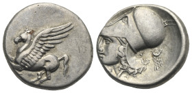 AKARNANIA. Thyrrheion. Circa 320-280 BC. Stater (Silver, 22.00 mm, 8.22 g). Pegasos flying to left; below, [Θ]. Rev. Head of Athena to left, wearing C...