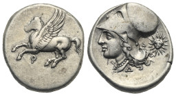 CORINTHIA. Corinth. Circa 345-307 BC. Stater (Silver, 21.00 mm, 8.49 g). Pegasos flying to left, below, Ϙ. Rev. Head of Athena to left with pearl neck...