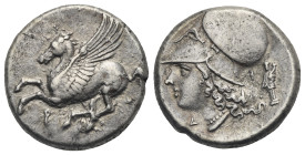 CORINTHIA. Corinth. Circa 345-307 BC. Stater (Silver, 20.66 mm, 8.57 g). Pegasos flying to left, below, Ϙ. Rev. Head of Athena to left, wearing Corint...