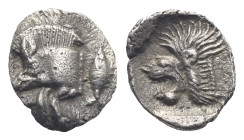 MYSIA. Kyzikos. Circa 450-400 BC. Hemiobol (Silver, 7.01 mm, 0.18 g) Forepart of boar left, tunny fish vertical to right. Rev. Head of roaring lion le...
