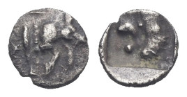 MYSIA. Kyzikos. Circa 450-400 BC. Hemiobol (Silver, 6.42 mm, 0.20 g). Forepart of boar to right; behind, tunny. Rev. Head of roaring lion to left; all...