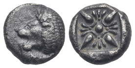 IONIA. Miletos. Circa 510-494 BC. Obol (Silver, 8.66 mm, 1.01 g). Forepart of roaring lion right, head looking back to left. Rev. Ornament composed by...
