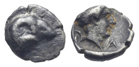 CARIA. Halikarnassos. Circa 400-340 BC. Hemiobol (Silver, 7.35 mm, 0.38 g) Head of ram right. Rev. Youthful male head right, Carian letters to left, A...