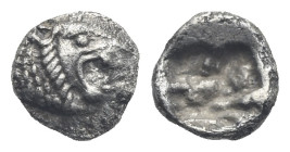 CARIA. Mylasa. Circa 520-490 BC. Hemitetartemorion (Silver, 5.21 mm, 0.15 g). Head of roaring lion to right. Rev. Irregular incuse. HN online 2602 (te...