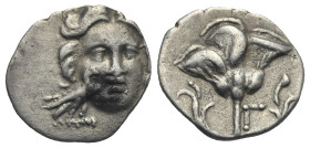 CARIA. Mylasa. Circa 180-140 BC. Drachm (Silver, 15.57 mm, 1.85 g). Pseudo-Rhodian type. Facing head of Helios with eagle superimposed on right cheek....
