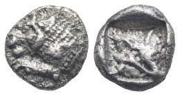 CARIA. Uncertain, Mylasa (?). Circa 520-490 BC. Obol (Silver, 8.19 mm, 0.80 g). Forepart of lion left; symbol or letter on shoulder. Rev. Rough incuse...