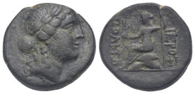 PHRYGIA. Hierapolis. Circa 58-40 BC (Bronze, 20.20 mm, 7.32 g). Laureate head of Apollo right. Rev. ΙΕΡΟ / ΠΟΛΙΤΩΝ Roma seated left on pile of shields...