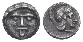 PAMPHYLIA. Aspendos. Circa 420-360 BC. Obol (Silver, 9.48 mm, 0.88 g) Gorgoneion head facing, protruding tongue. Rev. Helmeted head of Athena right. S...