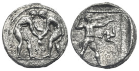 PAMPHYLIA. Aspendos. Circa 380/75-330/25 BC. Stater (Silver, 21.16 mm, 10.50 g) Two nude wrestlers head to head, beginning to grapple with each other ...