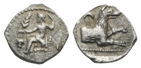 LYCAONIA. Laranda. Circa 324/3 BC. Obol (Silver, 10.57 mm, 0.67 g) Baaltars bare chest seated left on throne, the left leg forward, drapery on seat, h...