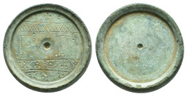 Byzantine commercial Weight of 3 Ounkia. Circa 5th-6th centuries (Bronze, 40.62 mm, 78.50 g). Round commercial weight with grooved edge; Γ° Γ between ...